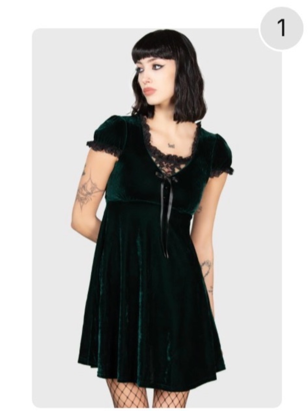 Killstar Dark Emerald Velvet Babydoll Dress with Black Lace Trim - Picture 4 of 4